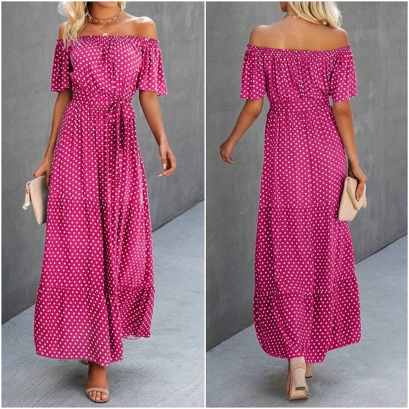 Off Shoulder Polka Dot Butterfly Sleeve Belted Maxi Dress - Picture 4 of 6